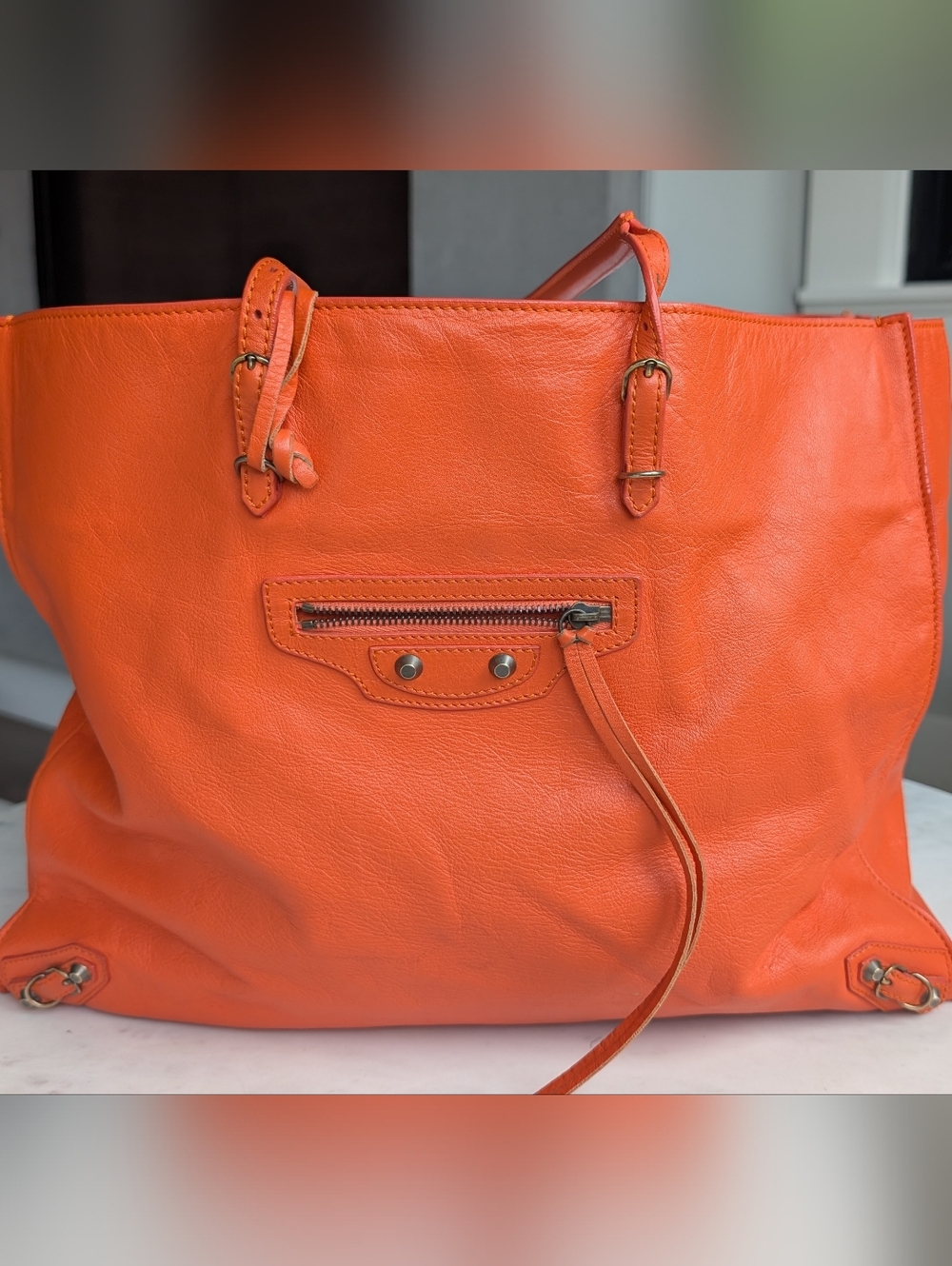 Balenciaga Papier A4 Tote Orange Lambskin Leather Large Handbag